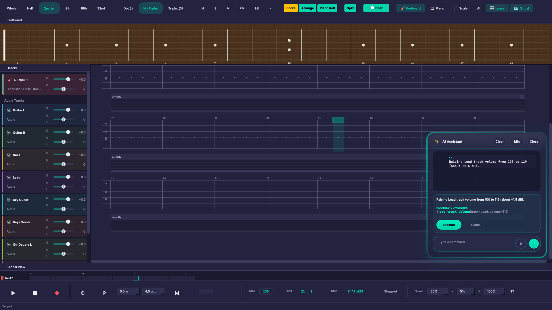 Tabber Studio assistant previewing a track volume command before execution