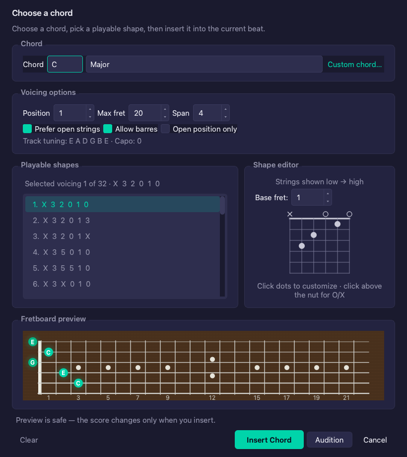 Tabber Studio chord picker showing a C major chord, playable guitar shapes, a shape editor and a fretboard preview.