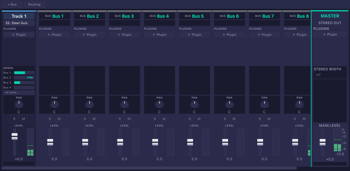 Tabber Studio mixer with a track, eight buses, sends, and a master channel