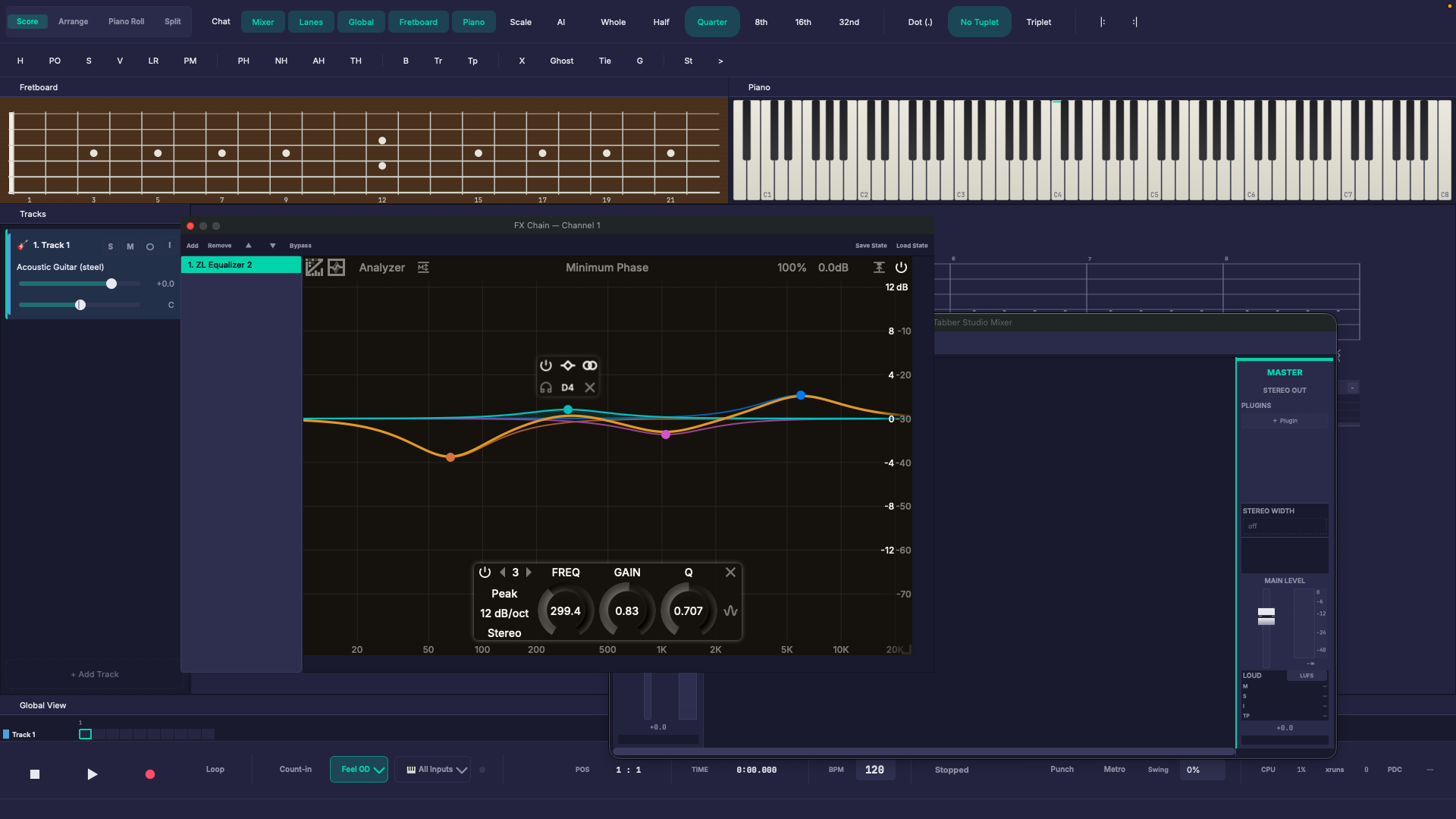 Tabber Studio with a hosted equalizer plugin, score tools, fretboard, piano, tracks, and mixer