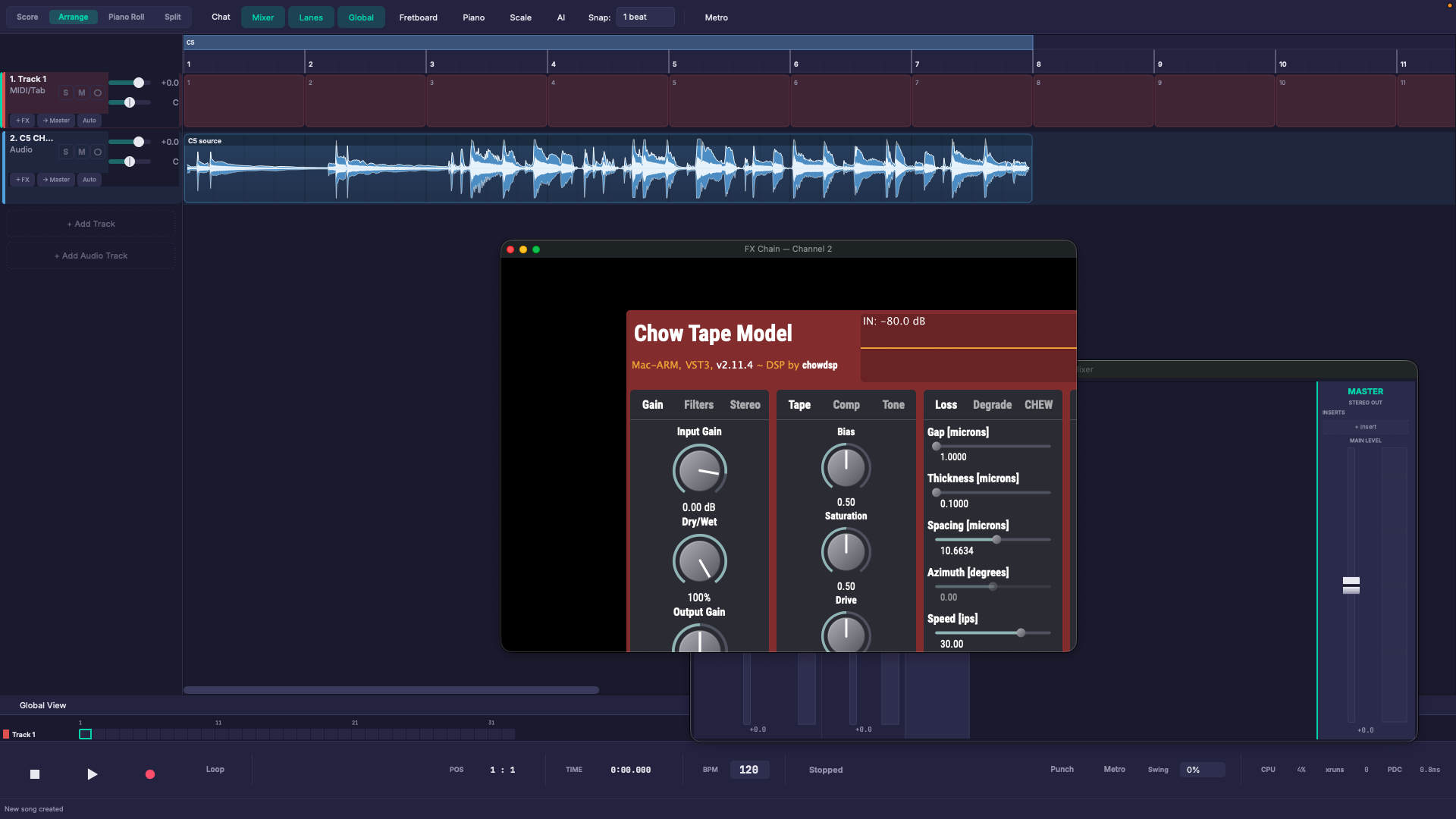 Tabber Studio arrangement with an audio waveform, a hosted tape plugin, and the mixer