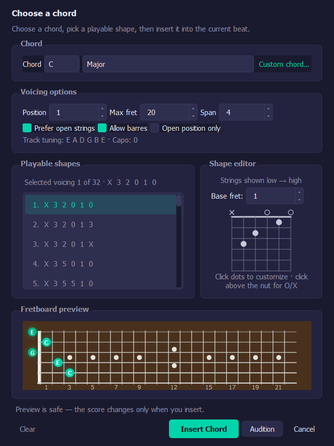Tabber Studio on Windows showing the chord picker: a C major chord, thirty-two ranked playable shapes, a shape editor and a fretboard preview.