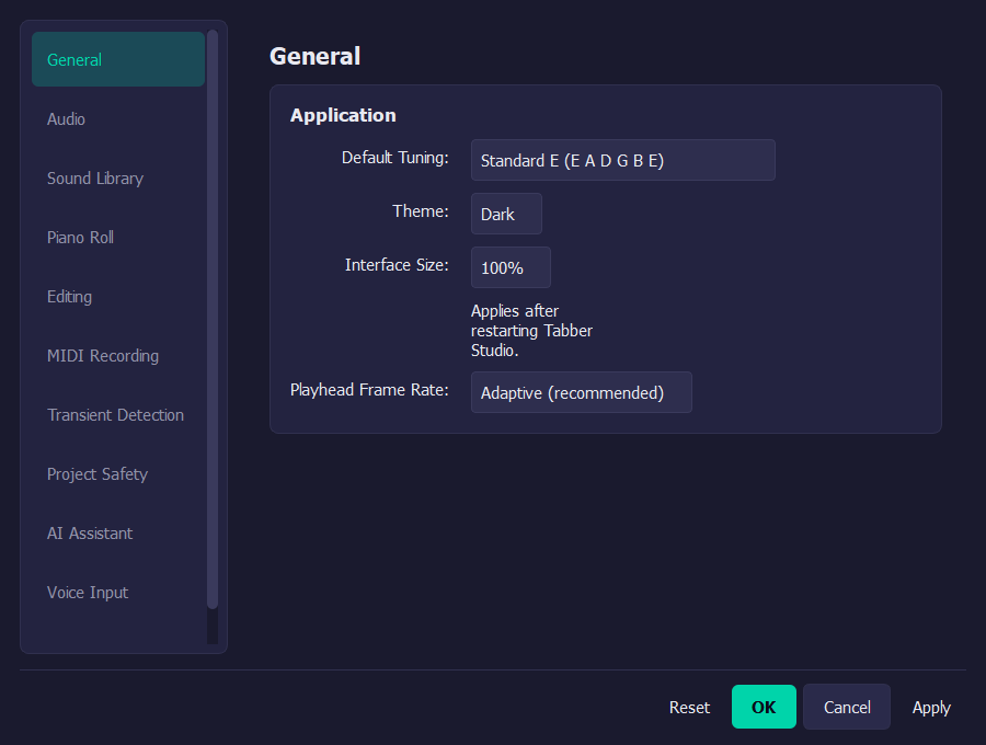 Tabber Studio Preferences on Windows, showing the General page with the Interface Size setting and its restart note.